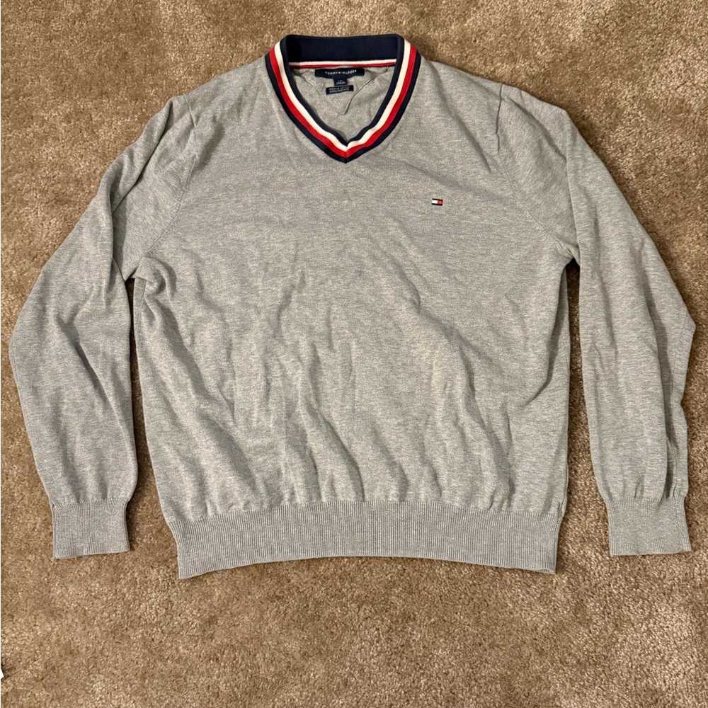 Tommy Hilfiger Gray V-Neck Sweater with Red and Blue Trim